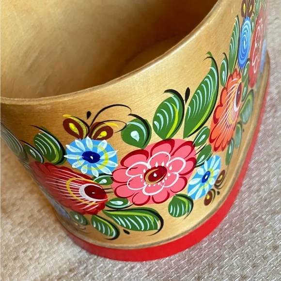Hand Painted Bentwood Box Vintage Russian Folk Art Norway Rosemaling Floral Box - Picture 7 of 8